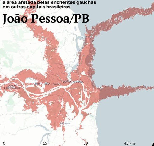 Projeção mostra que enchente que atinge Porto Alegre deixaria João Pessoa, Cabedelo, Santa Rita e Bayeux ‘submersas’