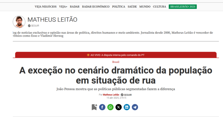‘Veja’ destaca estudo da UFMG que coloca João Pessoa com menor índice de moradores em situação de rua entre as capitais do Nordeste